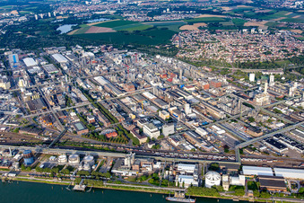 Luftaufnahme von BASF Chemiewerk am Rheinufer in Ludwigshafen am Rhein im Bundesland Rheinland-Pfalz, Deutschland