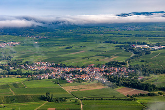 Ortschaft von Süden mit Wolken in Göcklingen im Bundesland Rheinland-Pfalz, Deutschland
