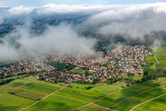 Luftbild von Ortschaft am Rand des Pfläzerwaldes von Nordosten unter Wolken in Klingenmünster im Bundesland Rheinland-Pfalz, Deutschland