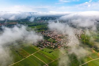 Ortschaft von Nordosten unter Wolken in Klingenmünster im Bundesland Rheinland-Pfalz, Deutschland