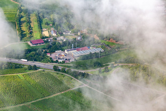 Luftbild von Tiefe Wolken über dem Geothermiekraftwerk Insheim im Bundesland Rheinland-Pfalz, Deutschland