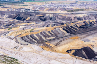 Interessant gefärbte Schichten von Abraum und Kohle im Braunkohletagebau Garzweiler im Ortsteil Borschemich in Erkelenz im Bundesland Nordrhein-Westfalen, Deutschland vom Flugzeug aus