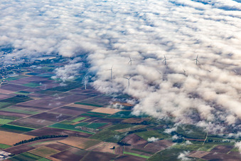 Windpark bei Offenbach teilweise in Wolken in Offenbach an der Queich im Bundesland Rheinland-Pfalz, Deutschland
