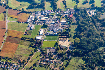 Industriestraße mit Fußballplatz des TSV Fortuna in Billigheim-Ingenheim im Bundesland Rheinland-Pfalz, Deutschland