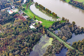 Luftbild von Rhein mit Hochwasser am Rheinstrandbad Rappenwört im Ortsteil Daxlanden in Karlsruhe im Bundesland Baden-Württemberg, Deutschland