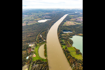 Luftaufnahme von Rhein mit Hochwasser am Rheinstrandbad Rappenwört im Ortsteil Daxlanden in Karlsruhe im Bundesland Baden-Württemberg, Deutschland
