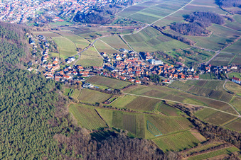 Weinort am Haardtrand von Südwesten im Ortsteil Gleiszellen in Gleiszellen-Gleishorbach im Bundesland Rheinland-Pfalz, Deutschland