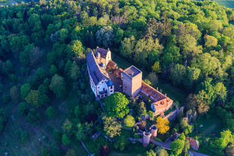 Luftaufnahme von Burg und Burgpark Gamburg in Werbach im Bundesland Baden-Württemberg, Deutschland