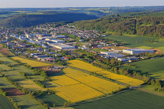 Stadtansicht im lieblichen Taubertal am Morgen aus Norden in Tauberbischofsheim im Bundesland Baden-Württemberg, Deutschland
