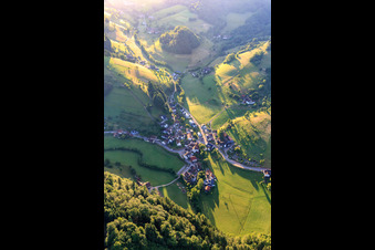 Luftbild von Dorfansicht im Reichenbachtal von Westen in Freiamt im Bundesland Baden-Württemberg, Deutschland