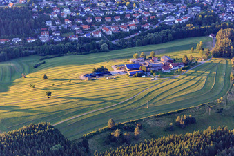 Aussiedlerhof inmitten gemähter Wiesen am Abend in Niedereschach im Bundesland Baden-Württemberg, Deutschland