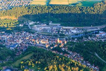 Luftbild von Altstadt mit Marktstraße Burg Hohenberg und Stiftskirche Heilig Kreuz in Horb am Neckar im Bundesland Baden-Württemberg, Deutschland