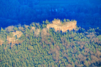 Luftbild von Sandsteinkletterfelsen Ritterstein, Rödelstein im Pfälzerwald in Vorderweidenthal im Bundesland Rheinland-Pfalz, Deutschland