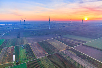 Sonnenuntergang beim Windpark Freckenfeld im Bundesland Rheinland-Pfalz, Deutschland aus der Luft