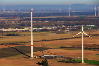 Riesenkran zum Repowering des Windpark Minfeld. JUWI ersetzt vier Altanlagen (GE 1.5) aus 2004 durch zwei neue, modernen Anlagen vom Typ Vestas V162 mit je sechs MW im Bundesland Rheinland-Pfalz, Deutschland aus der Luft betrachtet