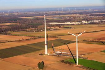 Drohnenaufname von Riesenkran zum Repowering des Windpark Minfeld. JUWI ersetzt vier Altanlagen (GE 1.5) aus 2004 durch zwei neue, modernen Anlagen vom Typ Vestas V162 mit je sechs MW im Bundesland Rheinland-Pfalz, Deutschland