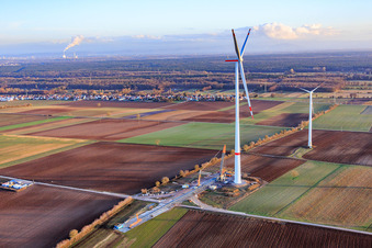 Schrägluftbild von Repowering des Windpark Minfeld. JUWI ersetzt vier Altanlagen (GE 1.5) aus 2004 durch zwei neue, modernen Anlagen vom Typ Vestas V162 mit je sechs MW in Kandel im Bundesland Rheinland-Pfalz, Deutschland