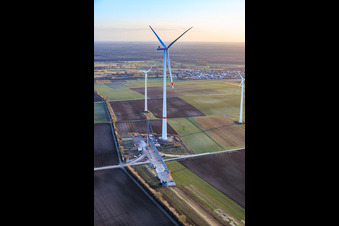 Repowering des Windpark Minfeld. JUWI ersetzt vier Altanlagen (GE 1.5) aus 2004 durch zwei neue, modernen Anlagen vom Typ Vestas V162 mit je sechs MW in Kandel im Bundesland Rheinland-Pfalz, Deutschland vom Flugzeug aus