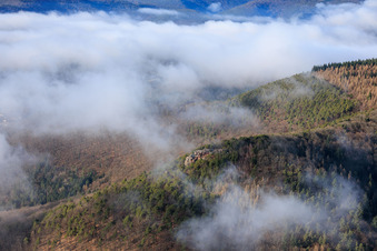 Luftaufnahme von Orensfels mit Windsack in Wolken in Frankweiler im Bundesland Rheinland-Pfalz, Deutschland