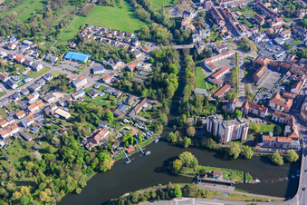 Mündung der Blies in die Saar, Insel der Schleuse 28 Saargemünd und Yachtclub Hanweiler e. V im Ortsteil Rilchingen-Hanweiler in Kleinblittersdorf im Bundesland Saarland, Deutschland