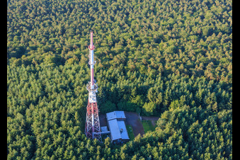 Rot-weisser Sendemast am Col du Pigeonnier in Wissembourg im Bundesland Bas-Rhin, Frankreich
