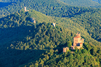 Drei Burgen: Trifels, Anebos, Jungturm Münz und renovierter Turm Scharfenberg im Ortsteil Bindersbach in Annweiler am Trifels im Bundesland Rheinland-Pfalz, Deutschland