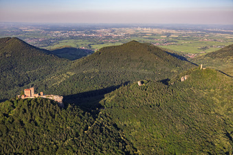 Drei Burgen: Trifels, Anebos, Jungturm Münz und renovierter Turm Scharfenberg im Ortsteil Bindersbach in Annweiler am Trifels im Bundesland Rheinland-Pfalz, Deutschland
