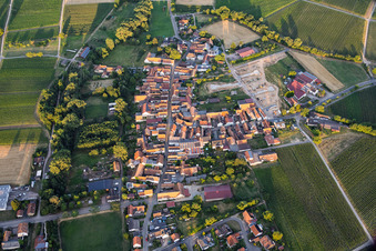 Dorfansicht von Westen am Abend mit Neubaugebiet am Weingut Lindenhof im Ortsteil Klingen in Heuchelheim-Klingen im Bundesland Rheinland-Pfalz, Deutschland