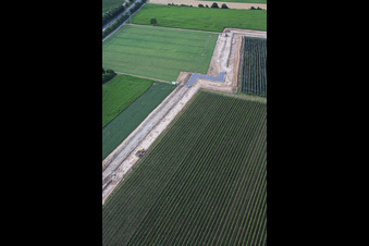 Erdarbeiten für Trasse zwischen erstem Bohrplatz auf dem Schleidberg zum zweiten Bohrplatz auf dem Trappelberg des Lionheart-Projekts der Vulcan Energy für die zukünftige klimaneutrale Wärmeversorgung der Stadt Landau sowie Lithiumextraktion und Stromproduktion durch ORC-Anlage in Insheim im Bundesland Rheinland-Pfalz, Deutschland