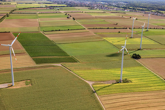 Luftbild von Windkraftanlagen des Windpark Minfeld im Bundesland Rheinland-Pfalz, Deutschland