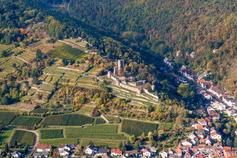 Ruine und Mauerreste der ehemaligen Burganlage Wachtenburg (Ruine "Burg Wachenheim") in Wachenheim an der Weinstraße im Bundesland Rheinland-Pfalz, Deutschland