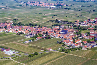 Ort in den Weinbergen von Südosten in Edesheim im Bundesland Rheinland-Pfalz, Deutschland