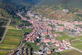Luftbild von Dorf - Ansicht am Rande der Haardt des Pfälzerwalds zwischen Weinbergen in Sankt Martin im Ortsteil SaintMartin im Bundesland Rheinland-Pfalz, Deutschland
