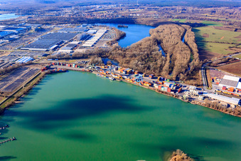 Schrägluftbild von Contargo Worth am Landeshafen Wörth im Ortsteil Maximiliansau in Wörth am Rhein im Bundesland Rheinland-Pfalz, Deutschland