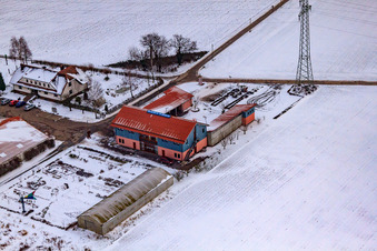 Schrägluftbild von Dorfmarkt Schoßberghof Im Winter bei Schnee in Minfeld im Bundesland Rheinland-Pfalz, Deutschland