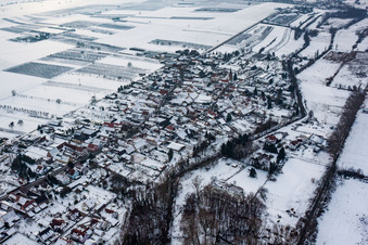 Luftbild von Winterlich schneebedeckte Dorf - Ansicht am Rande von landwirtschaftlichen Feldern und Nutzflächen in Winden im Bundesland Rheinland-Pfalz, Deutschland