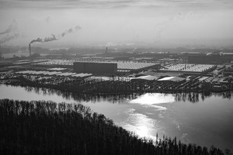 Mercedes Werk hinter dem Altrhein im Winter in Wörth am Rhein im Bundesland Rheinland-Pfalz, Deutschland
