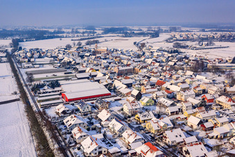 Luftbild von Am Otterbach im Winter bei Schnee in Neupotz im Bundesland Rheinland-Pfalz, Deutschland