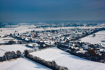 Winterlich schneebedeckte Dorf - Ansicht am Rande von landwirtschaftlichen Feldern und Nutzflächen in Neupotz im Bundesland Rheinland-Pfalz, Deutschland