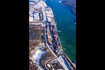Luftbild von Containerhafen am Landeshafen Wörth im Winter bei Schnee im Ortsteil Maximiliansau in Wörth am Rhein im Bundesland Rheinland-Pfalz, Deutschland