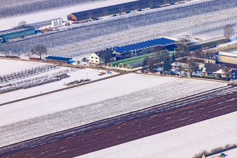 Luftbild von Zapf Hofmarkt im Winter bei Schnee in Kandel im Bundesland Rheinland-Pfalz, Deutschland