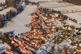 Luftbild von Niedergasse bei Schnee in Steinweiler im Bundesland Rheinland-Pfalz, Deutschland