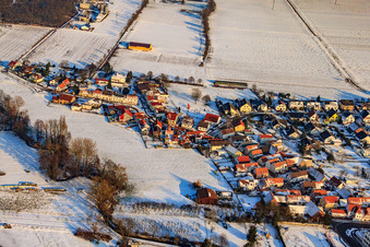 Luftaufnahme von Niedergasse bei Schnee in Steinweiler im Bundesland Rheinland-Pfalz, Deutschland