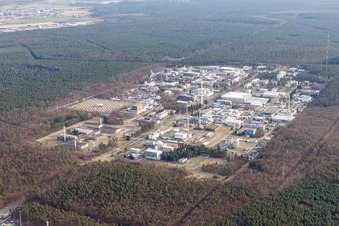 Campus- Gebäude der Universität KIT - Campus Nord (ehemaliges Kernforschungszentrum Karlsruhe) im Ortsteil Leopoldshafen in Eggenstein-Leopoldshafen im Bundesland Baden-Württemberg, Deutschland vom Flugzeug aus