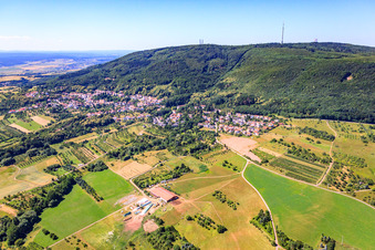 Luftbild von Dorf zu Füßen des Donnersberg in Dannenfels im Bundesland Rheinland-Pfalz, Deutschland