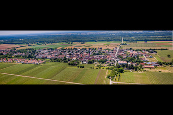 Panorama Perspektive Dorf - Ansicht am Rande von landwirtschaftlichen Feldern und Nutzflächen in Hochstadt (Pfalz) im Ortsteil Niederhochstadt im Bundesland Rheinland-Pfalz, Deutschland