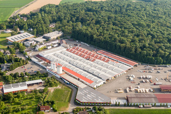 Gebäude und Produktionshallen auf dem Werksgelände WeberHaus GmbH & Co. KG im Ortsteil Linx in Rheinau im Bundesland Baden-Württemberg, Deutschland von oben gesehen