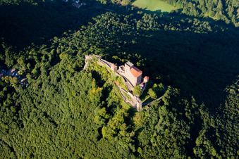 Luftbild von Vom Wald umgebende Burganlage der Reichsburg Trifels in Annweiler am Trifels im Bundesland Rheinland-Pfalz, Deutschland