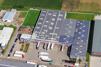 Luftbild von Industriegebiet Draisstraße Spedition Hartmann Logistik- Zentrum in Muggensturm im Bundesland Baden-Württemberg, Deutschland