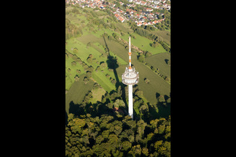 Luftbild von Fernmeldeturm- Bauwerk und Fernsehturm im Ortsteil Grünwettersbach in Karlsruhe im Bundesland Baden-Württemberg, Deutschland